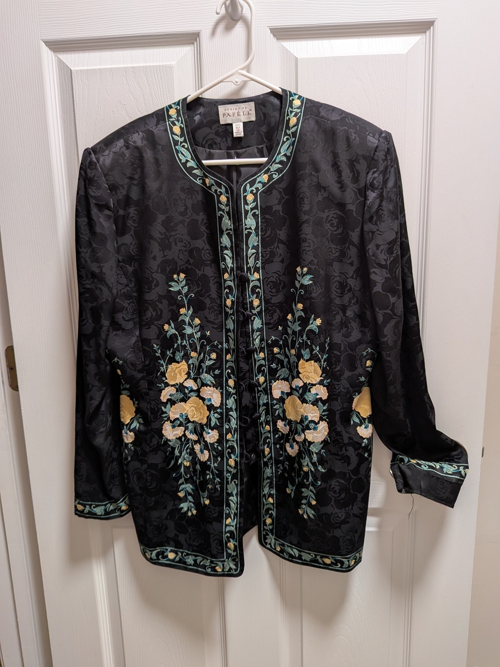 Adrianna Papell 100% Silk Black Button-Front Embellished Floral Jacket Size 16